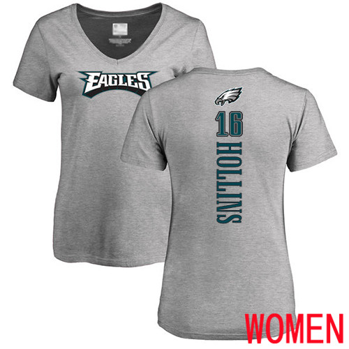 Women Philadelphia Eagles #16 Mack Hollins Ash Backer V-Neck NFL T Shirt->nfl t-shirts->Sports Accessory